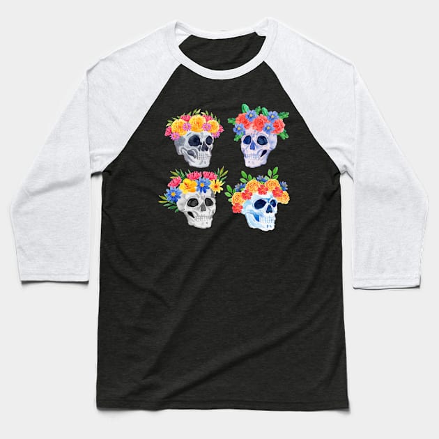 Dia de muertos watercolor skull collection Baseball T-Shirt by Mako Design 